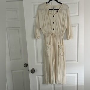 Zara TRF Cream Button-Front Women's Midi Dress with Pockets
